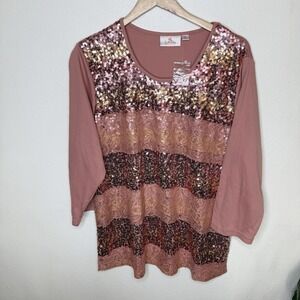 Quacker Factory 3/4 Sleeve Pink Gold Sequin Knit Top Womens XL Party Glam Shirt